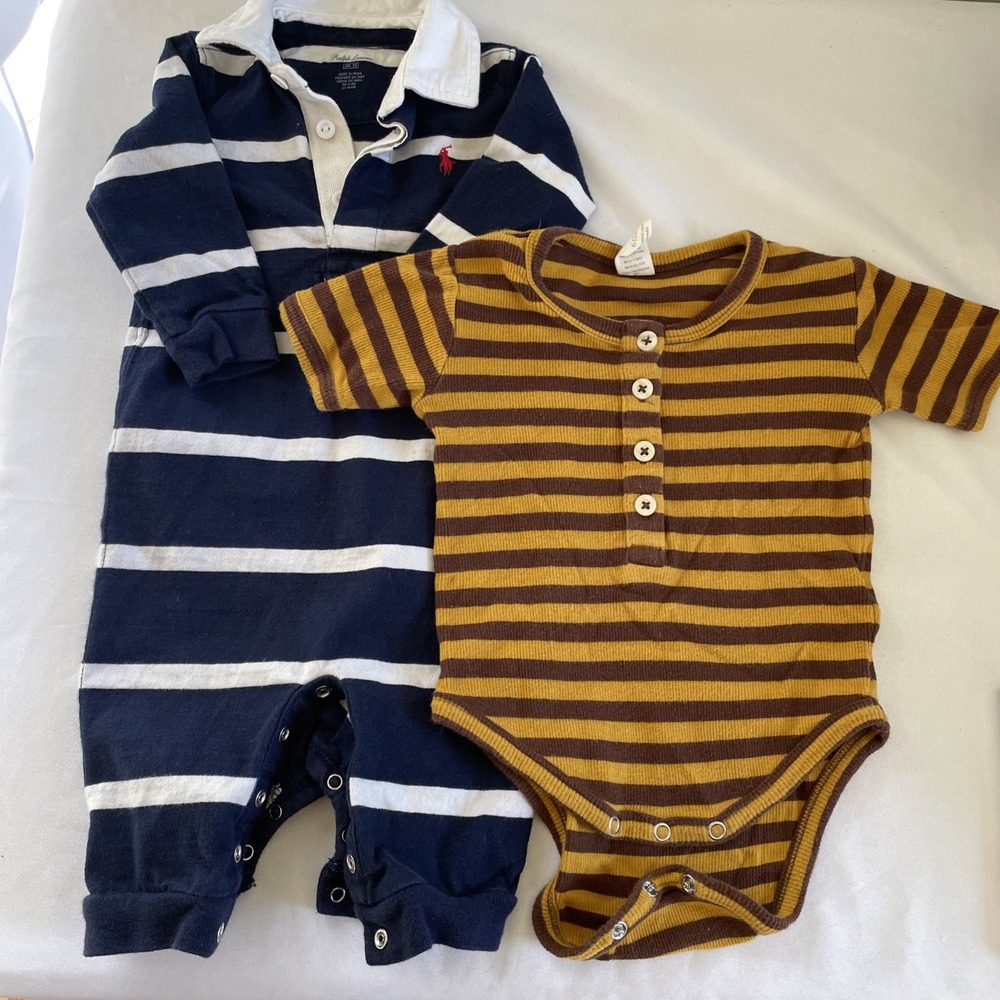 Ralph Lauren Kate Quinn Lot Sz 6m Baby Romper One Piece Rugby Striped Blue Brown
